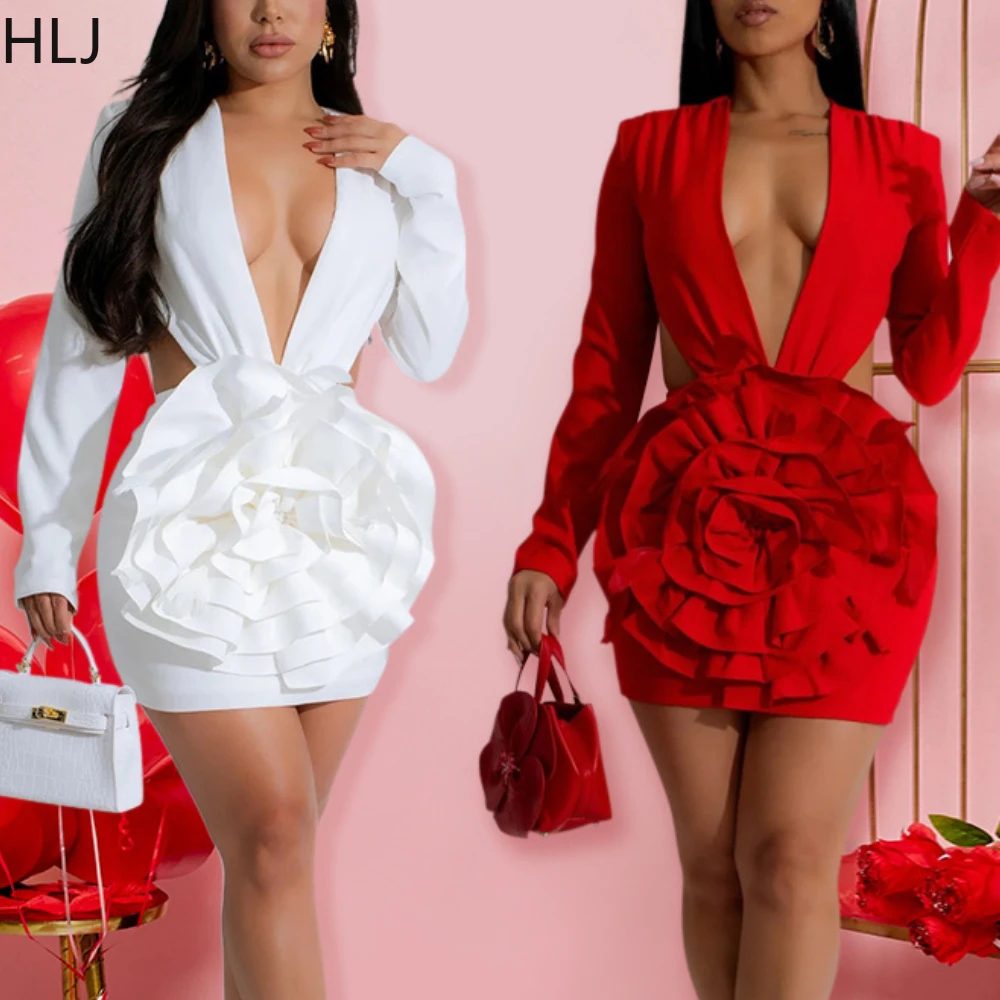 

HLJ Sexy Deep V Bodycon Ruffle Party Club Mini Dresses Women Hollow Long Sleeve Slim Vestidos Fashion Solid Ruched Clothing 2025