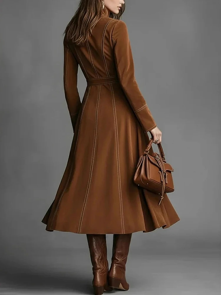 Elegant Suede Vintage Women's Dress Brown Zipper Slim Lace Up A-Line Autumn High Street Chic High Neck Long Sleeve Midi Dresses - view 4