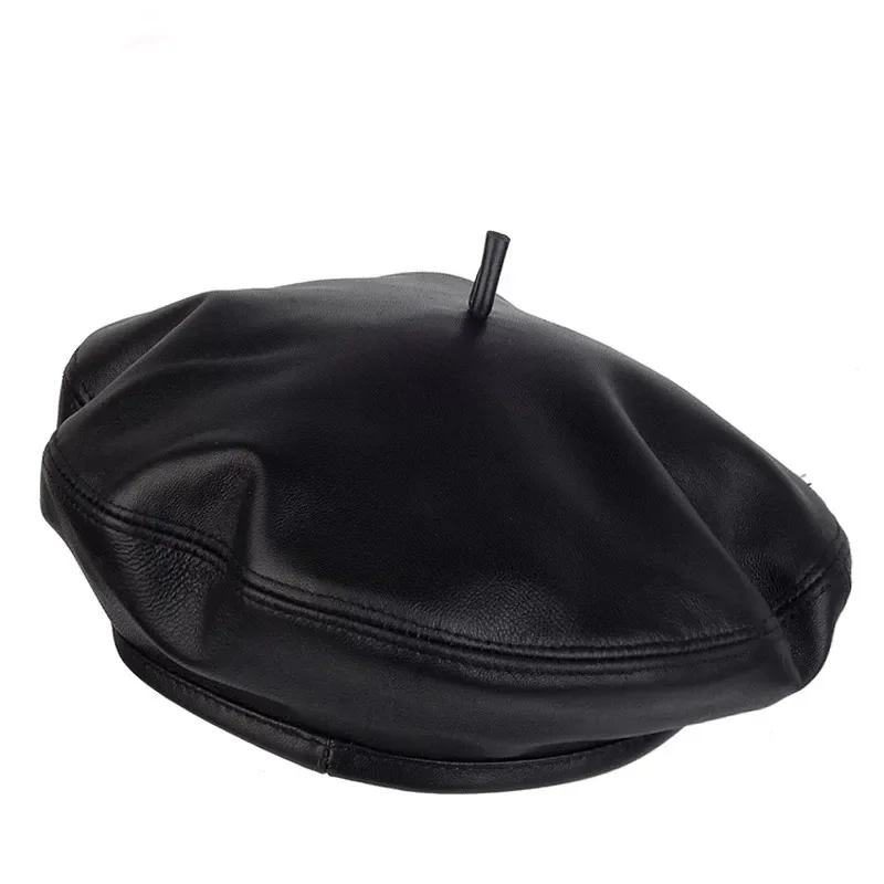 New 2024 Fashion Real Leather Beret Caps Women Female Retro Black 54-60 cm Fitted Painter Hat Mujer Streetwear Beanie