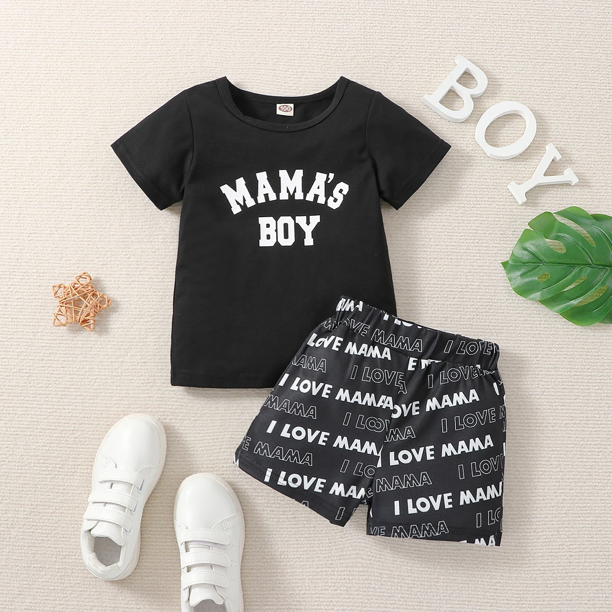 Summer boys MAMA'S BOY letter printed round neck T-shirt and casual fashion letter printed shorts set