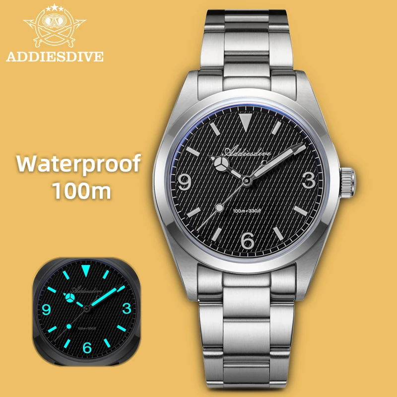 ADDIESDIVE New Men's Analog Watch Bubble Mirror Glass 100m Luminous Men's Quartz Watches with Stainless Steel Bracelet AD2096