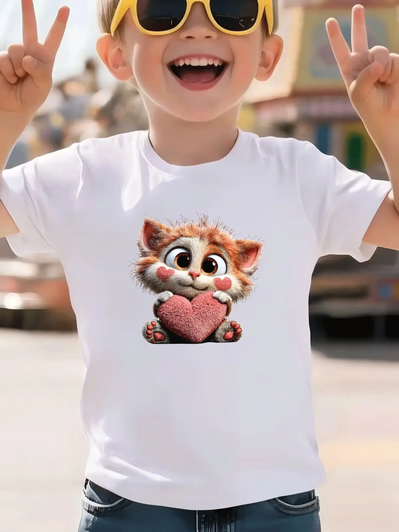 Children's Summer Leisure Trend Cartoon Cat Love Pattern Children's Clothing Summer Holiday Gifts Daily Parent-child Wear