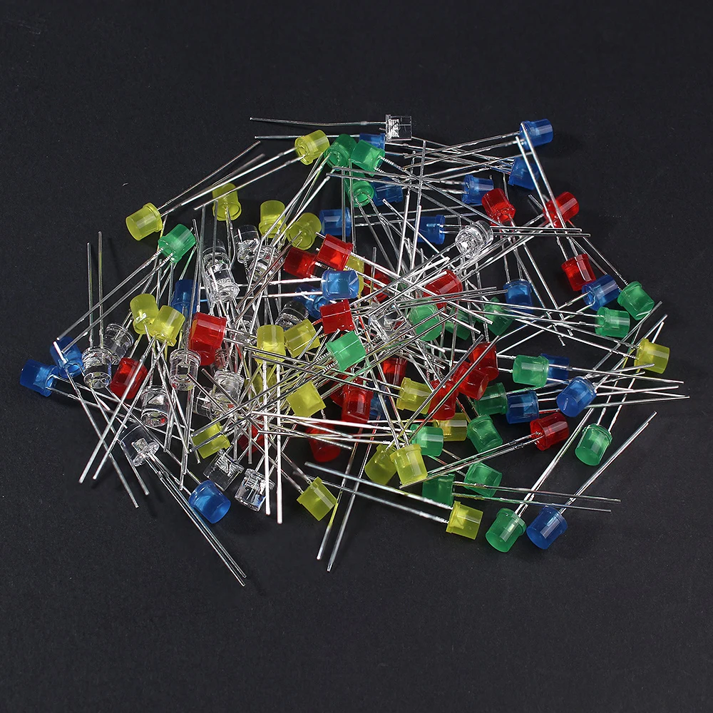 100PCS 5MM LED Lighting Diodes ( Flat-Top LED Diode ) - Red, Yellow, Blue, Green, White - F5 LED Lights Diode Assortment Set