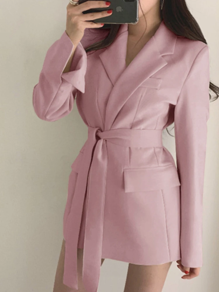 Spring Autumn Women\'s Blazers Slim Fit Fashion Suit Long Sleeve Belt Jackets Casual Coat for Office Lady Korean Fashion Clothing