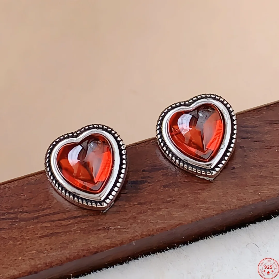 New S925 Sterling Silver Charms Stud Earrings for Women Love Heart Natural Garnet Moon Stone Agate Ear Stud Fine Choice Jewelry