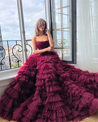 Amanda Customized Princess Strapless Multilayer Robes De Soirée Burgundy Sleeveless Party Dresses Ball Gown Prom Dress 2025