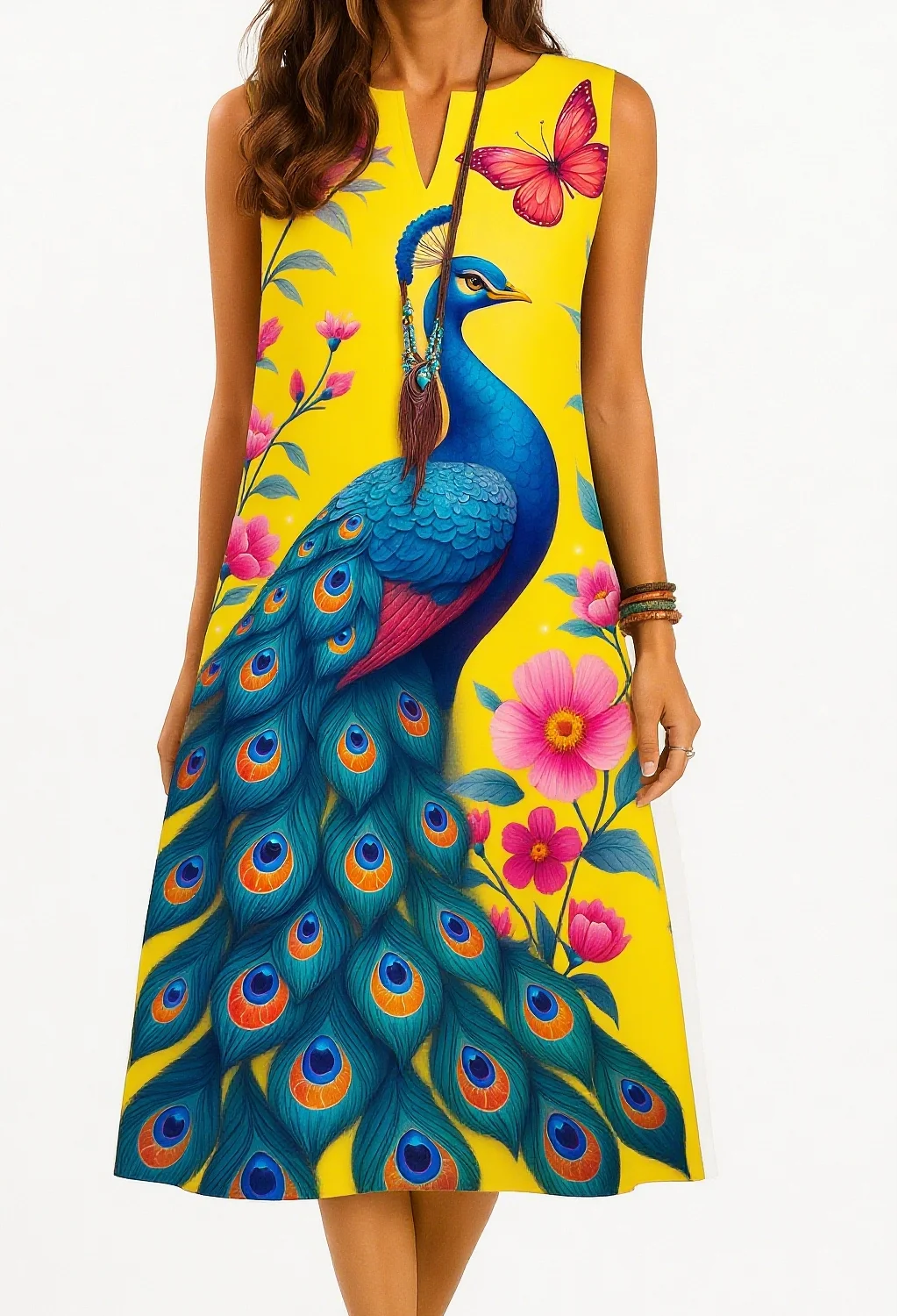 Kurt women's fashionable and elegant long sleeved straight tube casual V-neck peacock pattern noble dress2026