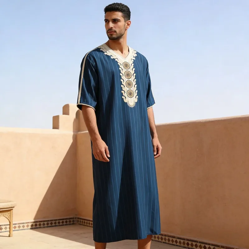 

Мужская летняя исламская роба свободного кроя в марокканском стиле с 3D цифровым принтом, мусульманский тоб, традиционное этническое повседневное длинное платье для Ближнего Востока