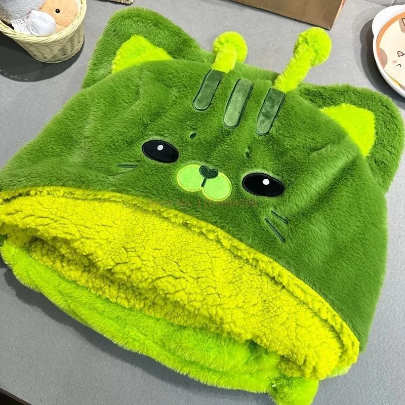 Cartoon Cute Alien Cat Hooded Blanket Plush Cloak For Winter Green Flannel Wearable Robe With Gloves Home Office Nap Girls Gifts - view 6