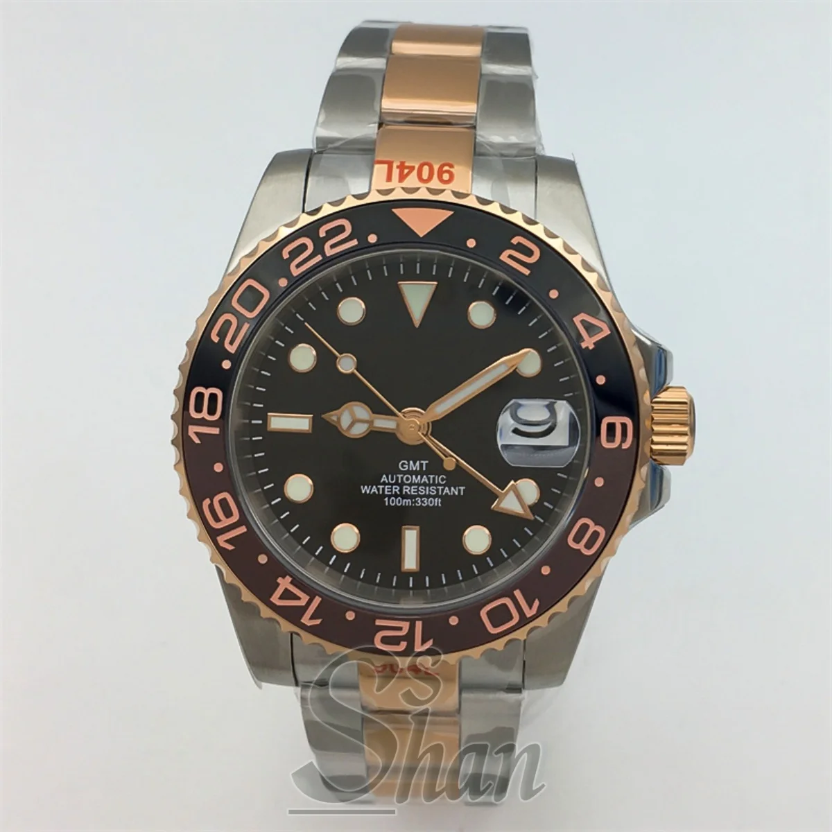 Relógio de mergulho automático masculino em ouro rosa 40mm com mostrador luminoso de cristal de safira GMT NH34 DG3804 janela de data resistente à água 10ATM