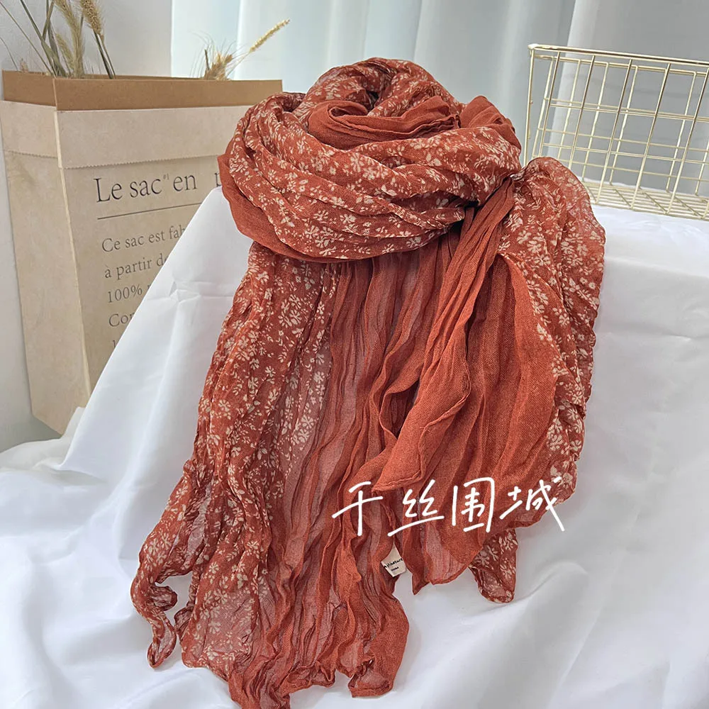 New Retro Artistic Cotton and Linen Pleats Thin and Versatile Shawl Small Floral Scarf Gauze Japanese Style Popular Lazy Style