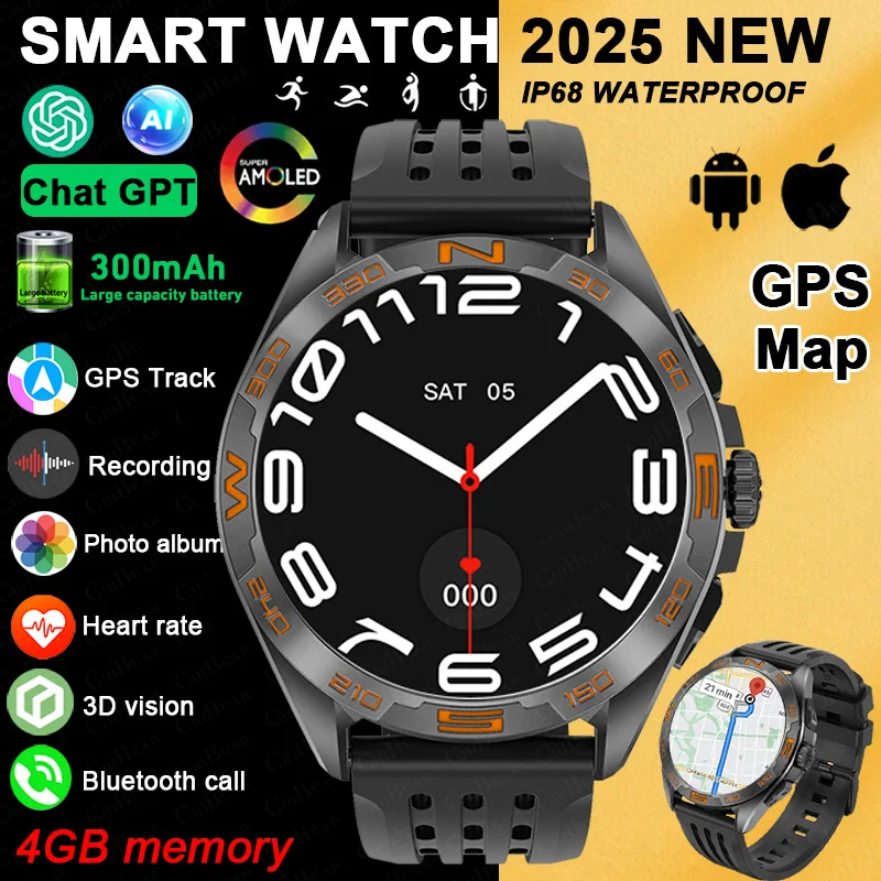 

Для HUAWEI Смарт-часы Мужчины GPS Карта Навигация 4 ГБ Память BT Запись вызовов AMOLED HD Экран Chat GPT Спортивные Водонепроницаемые SmartWatch
