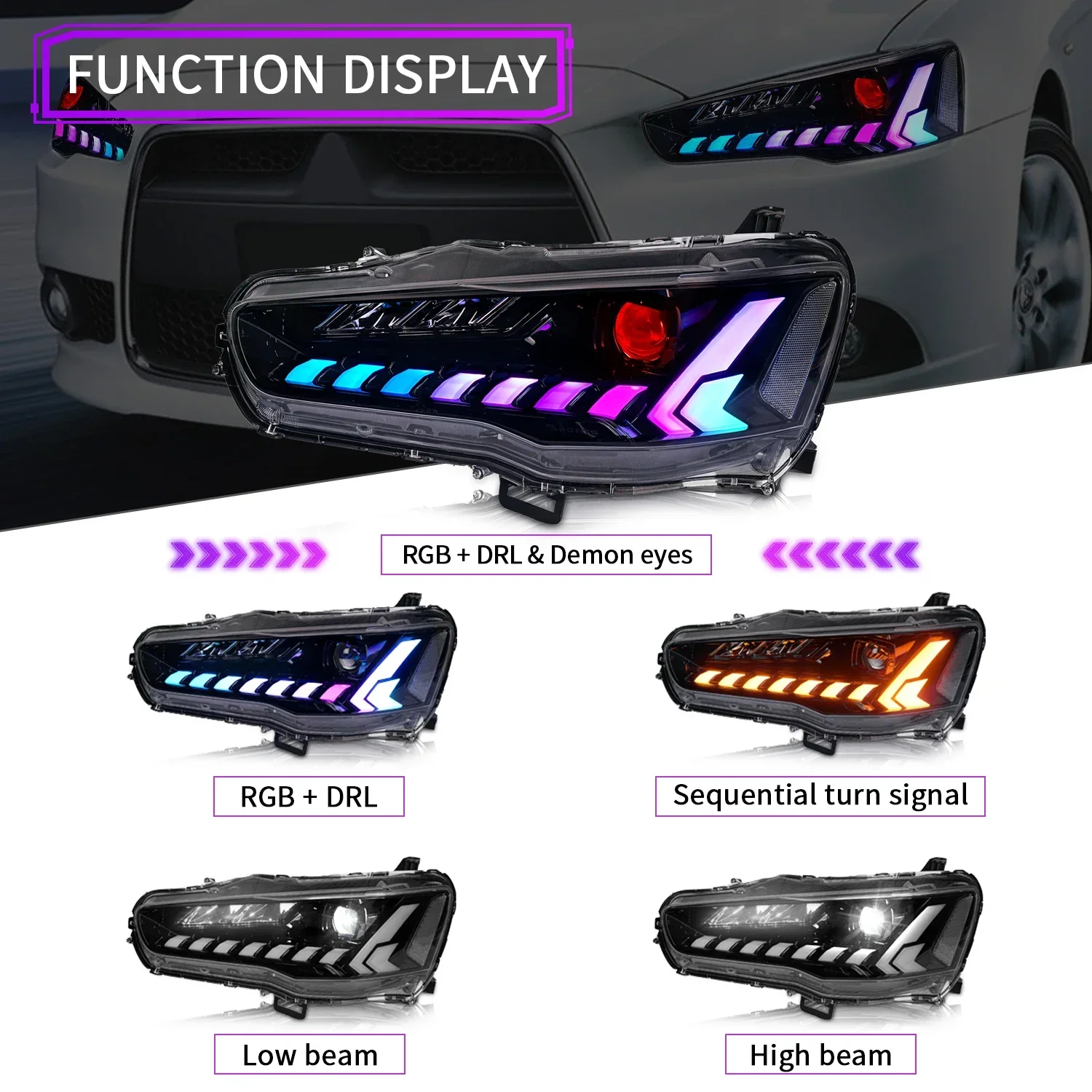 Apollo Front Lamp Lancer X 2008-UP Dynamic Turning Light LED RGB DRL For Lancer EVO X Headlights