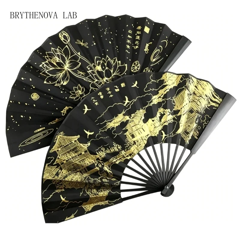 New Black Silk Hot Stamping Fan Chinese Style Horse Face Skirt Men's Hanfu and Women's Fan Summer Portable Fairy Dance Cool