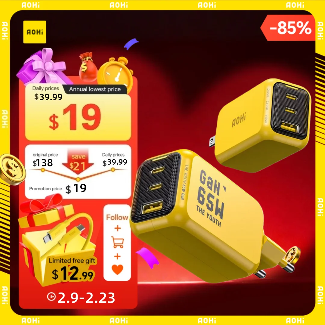 

AOHI THE YOUTH Зарядное устройство GaN 65 Вт Тип C PD Зарядное устройство 3-портовое USB-зарядное устройство с портативным быстрым зарядным устройством QC4.0 для iPhone/ноутбука/планшета