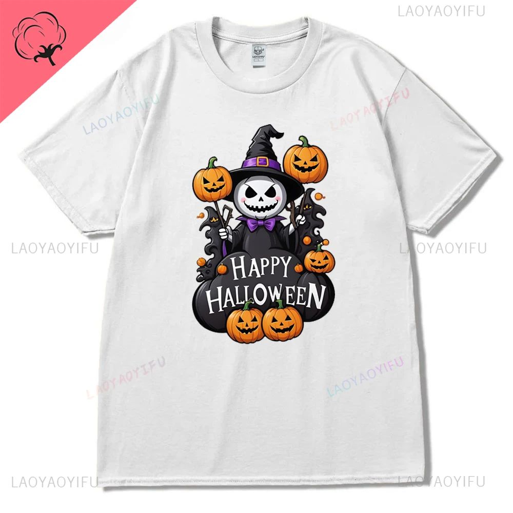 Happy Halloween Ghost Pumpkin Lamp Graphics Hallowmas Cotton T Shirt Streetwear Short Sleeve Tshirt Hipster Hip Hop Women Tees