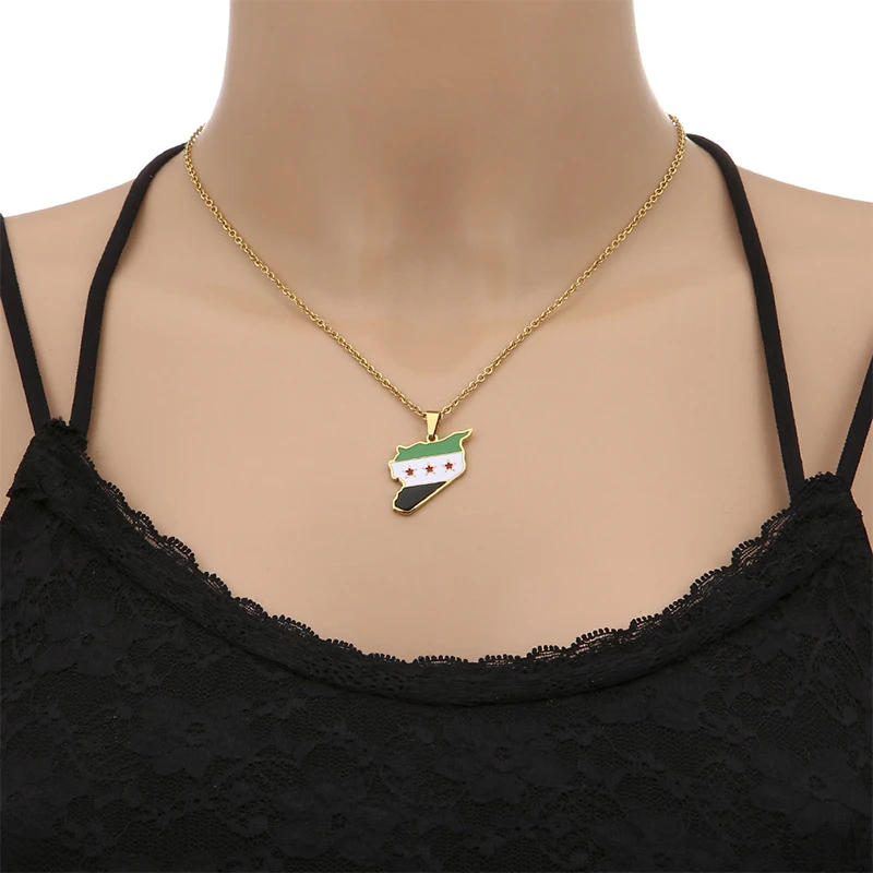 1Pc Stainless Fashion Syria Map Flag Pendant Necklace Women Men Hip Hop Decoration Necklace