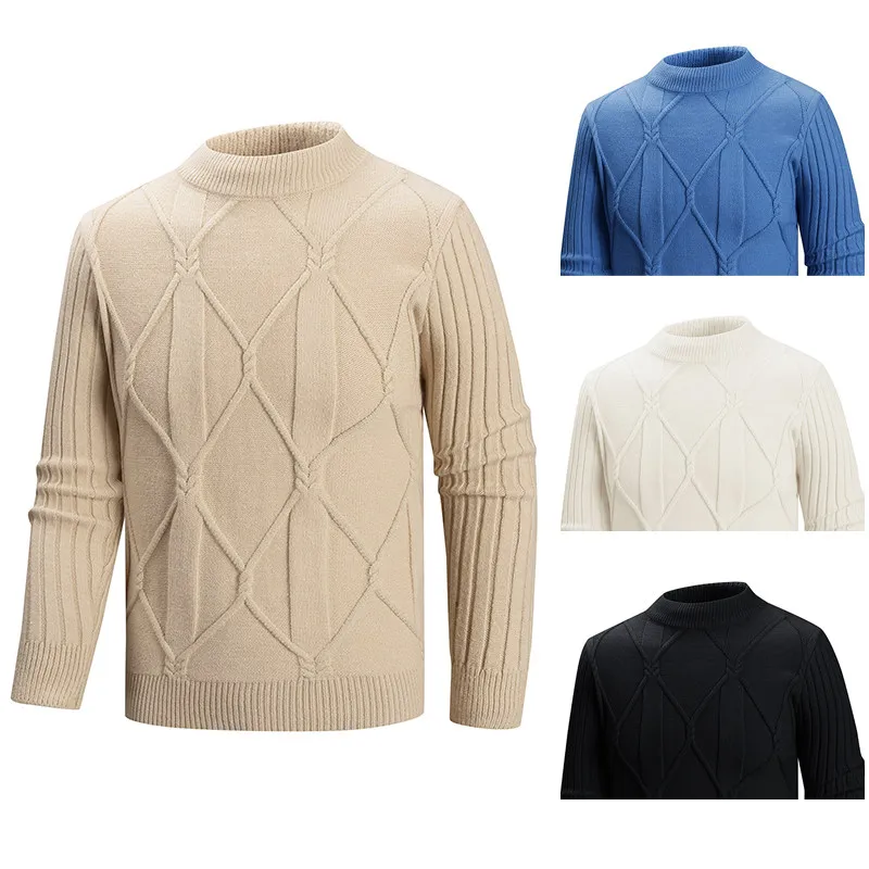

Мужской повседневный универсальный вязаный свитер, модный базовый слой, зимний модный универсальный длинный свеч с высоким воротником, теплый полиэстер...