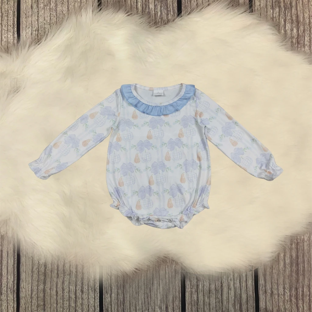 

Baby Girl Toddler Thanksgiving Blue Bows Jumpsuit Children Pumpkins Ruffle Romper Kids Newborn Coverall Fall Bodysuit Wholesale