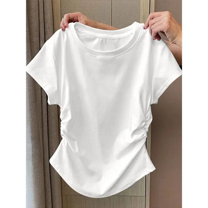 Y2K T Shirt Women Waist Gathered Slim Fit Short Sleeve Solid Color Summer Casual Streetwear Korean Fashion Vintage Women Clothes
