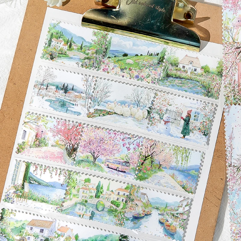 Cinta Adhesiva Decorativa con Diseño de Paisajes Frescos de Cuatro Estaciones, Materiales para Manualidades, Ideal para Amantes de las Manualidades