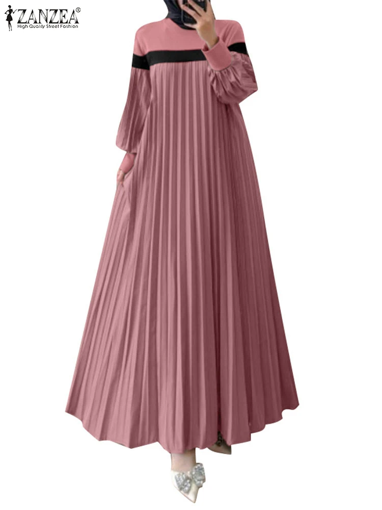 ZANZEA Elegant Abaya Islamic Robe Femme Pleated Vestidos Patchwork Sundress Women Spring Long Lantern Sleeve Muslim Dress