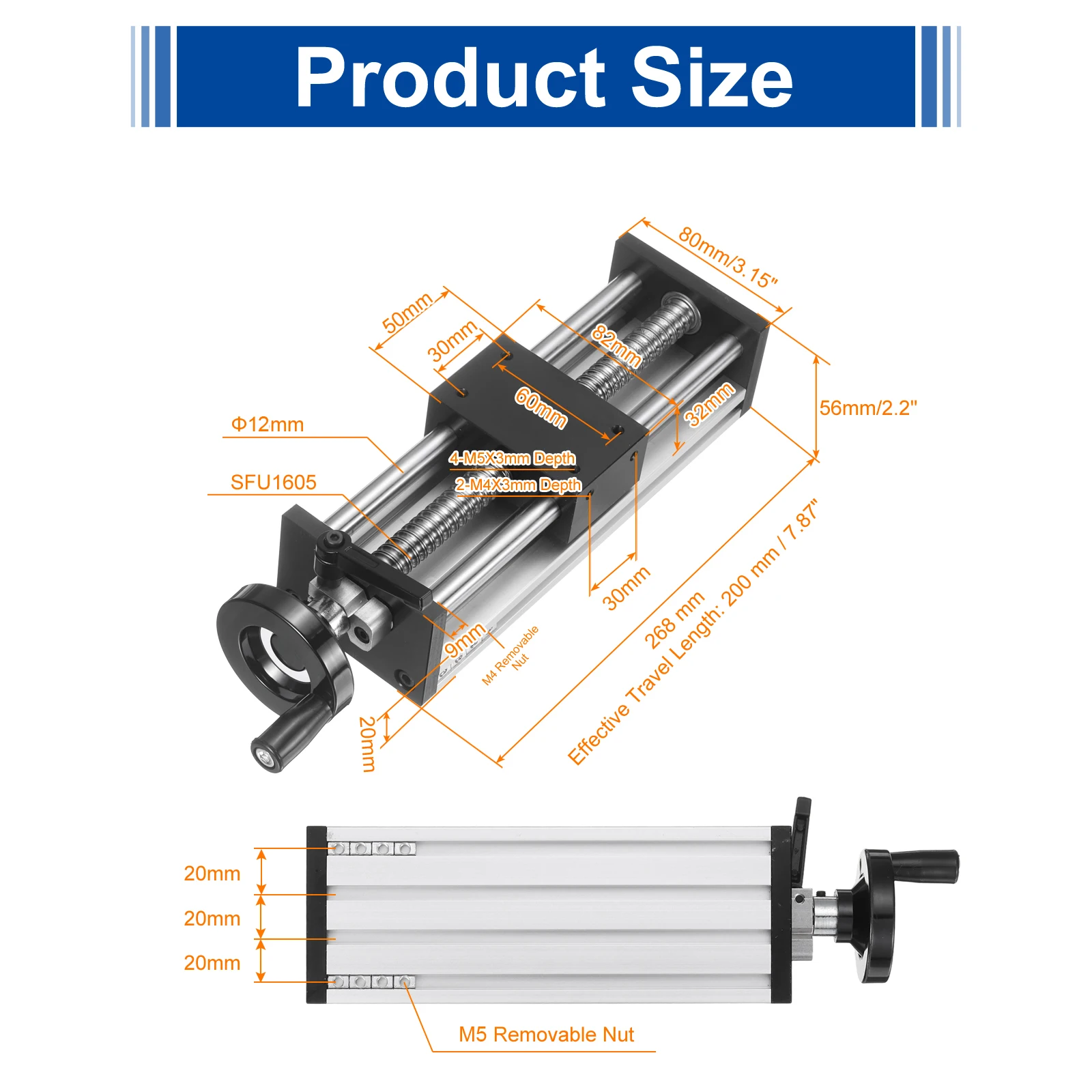 50-250mm Effective Stroke Length Manual Sliding Table Double Optical Axis Slide Rail BallScrew SFU1605 for Mechanical Equipment