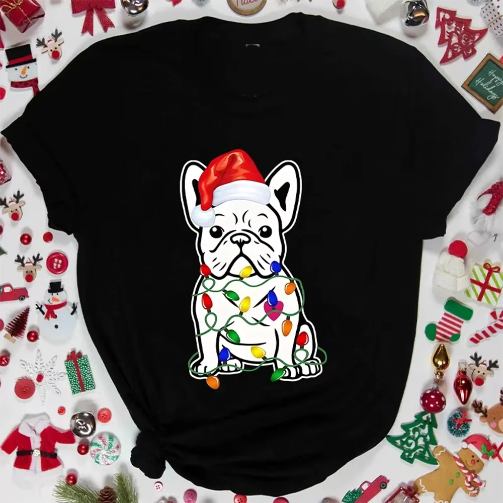 

Funny French Bulldog Dog Tree Christmas T-Shirt Female Clothing Dog Lover Graphic Y2k Tops Hip Hop Streetwear Short Sleeve Tees