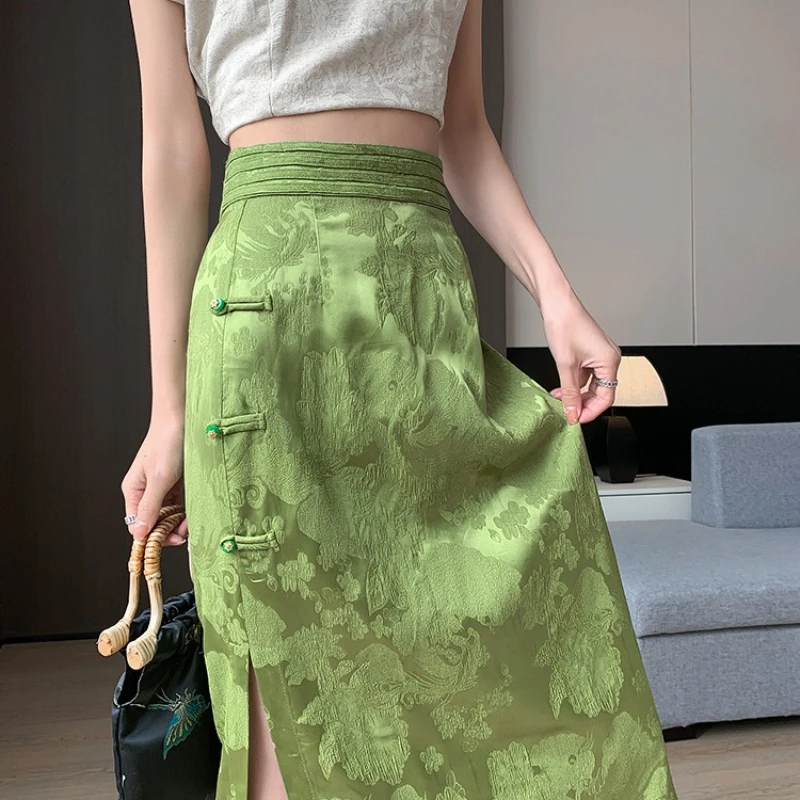 

2024 Summer Spring Women High Waisted Dobby Floral Pattern Green Black Skirt , Woman Chinese Style Jacquard Flower Skirts