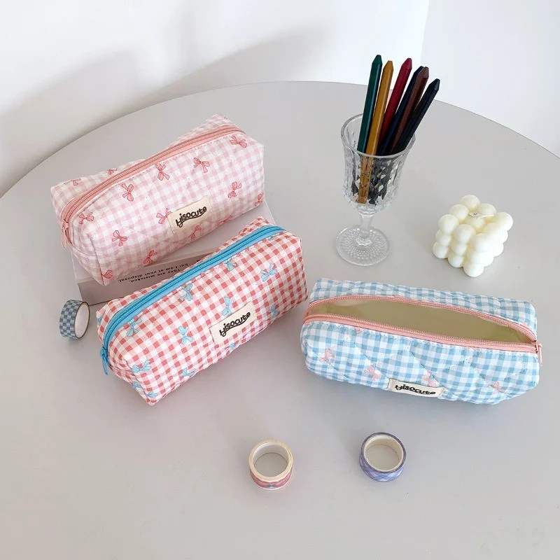 Creative Cream Color Checkered Pencil Case Cute Bow Large Capacity Pencil Box Portable Student Stationery Storage Bag
