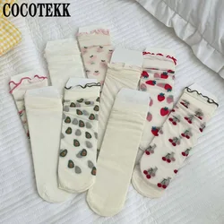 Women Socks New Fashion Summer Thin Breathable Lolita White Cute Socks Lace Heart Strawberry Cherry Avocado Peach Fruit Pattern