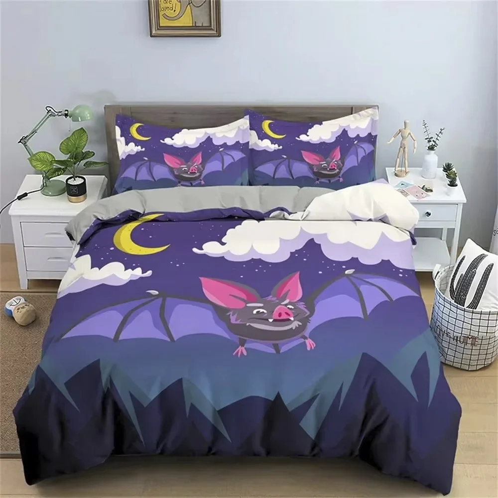 Halloween Bat King Queen Duvet Cover Cartoon Black Nocturnal Animals Bedding Set for Kids Horror 23pcs Polyester Quilt Cover