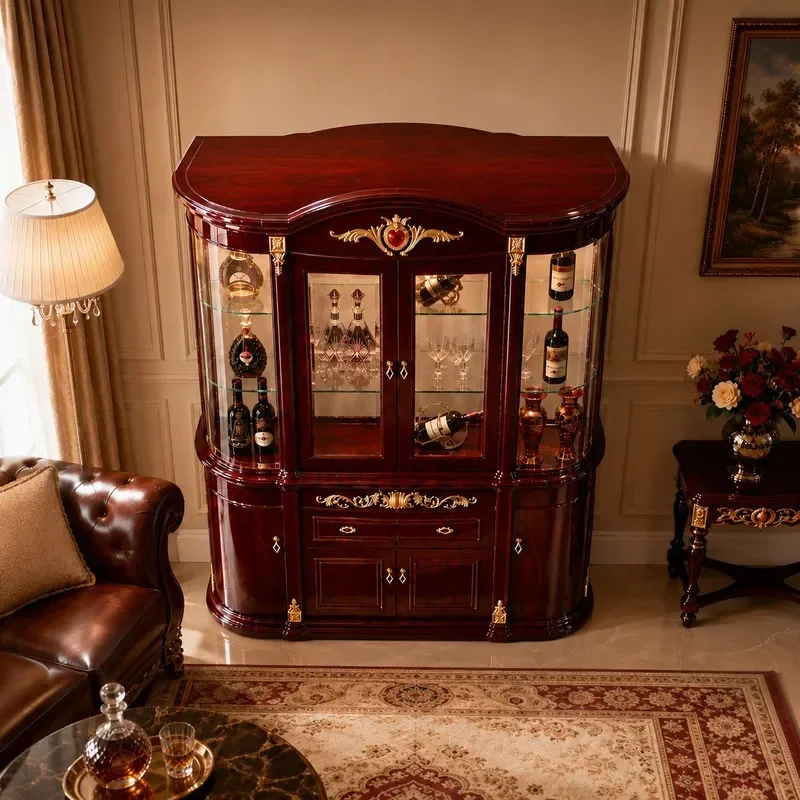 European Retro Glass Wine Cabinet Classical Living Room Display Cabinet Home Antique Floor Storage Locker