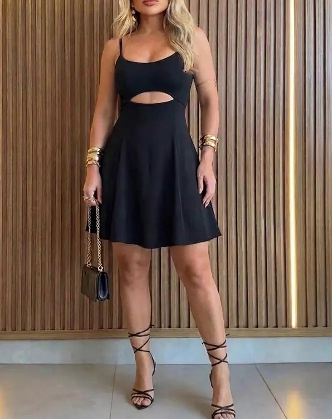 

Women's Dress Summer New Style French Elegant Temperament Style Black Simple Low Cut U-Neck Hollow Out Backless Suspender Dress