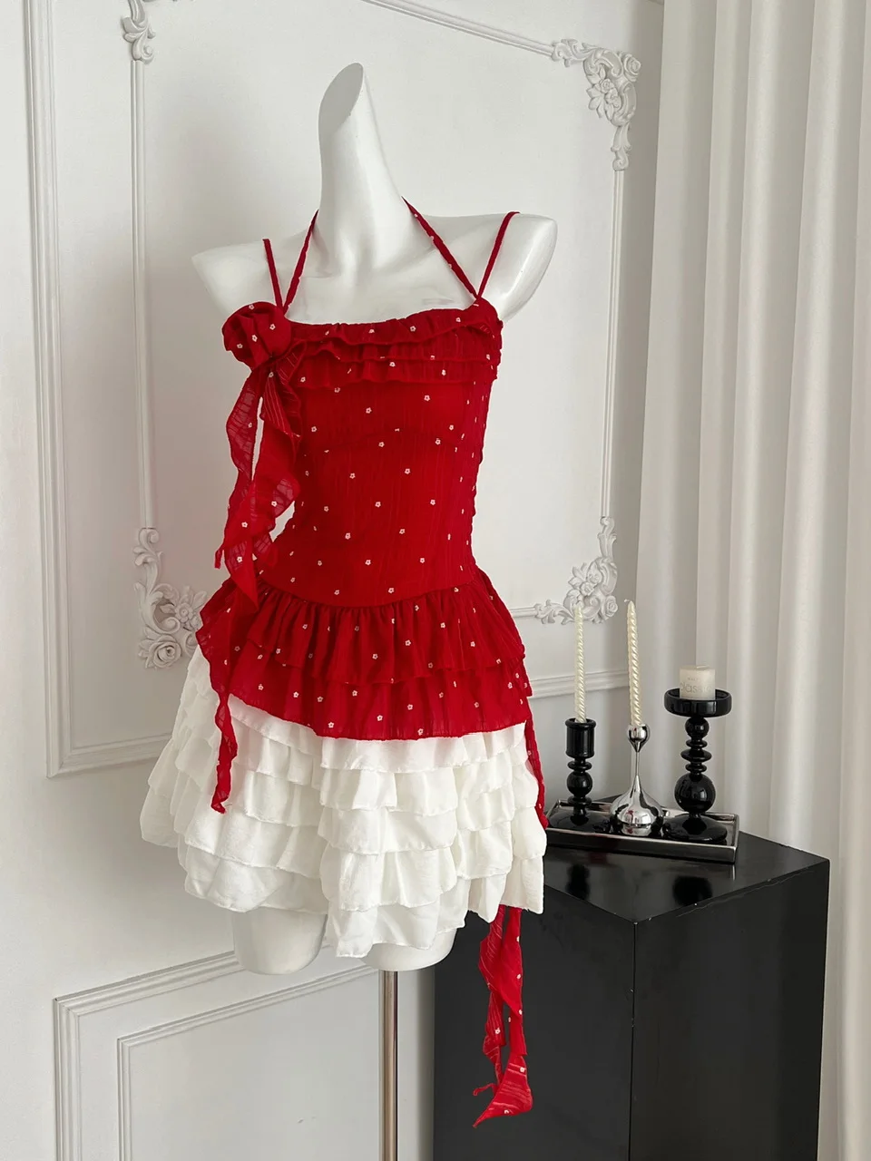 

Sweet And Spicy Girl Summer Pure Desire 3D Flower Nelace Slim Polka Dot Lace Top Cake f Skirt Women's Faion Set