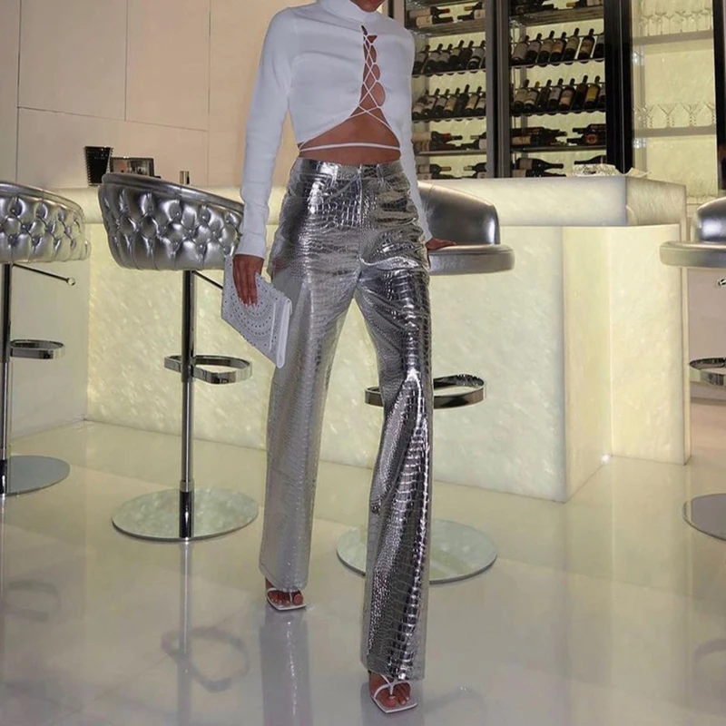 Autumn Silver PU Leather Pants for Women Fashion Scale Pattern High Waisted Straight Leg Pants Solid Color Versatile Trousers