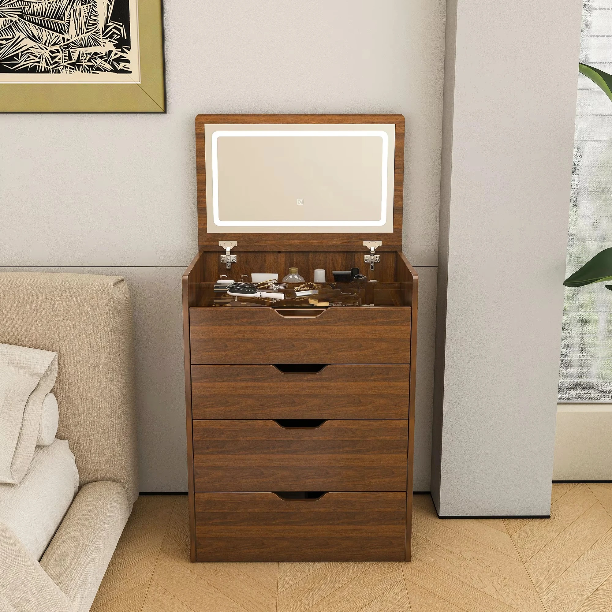 Vanity Desk with Lighted Mirror Stool Flip Top Makeup Dressing Table Compact Storage for Bedroom Dressing Room Wood Dresser