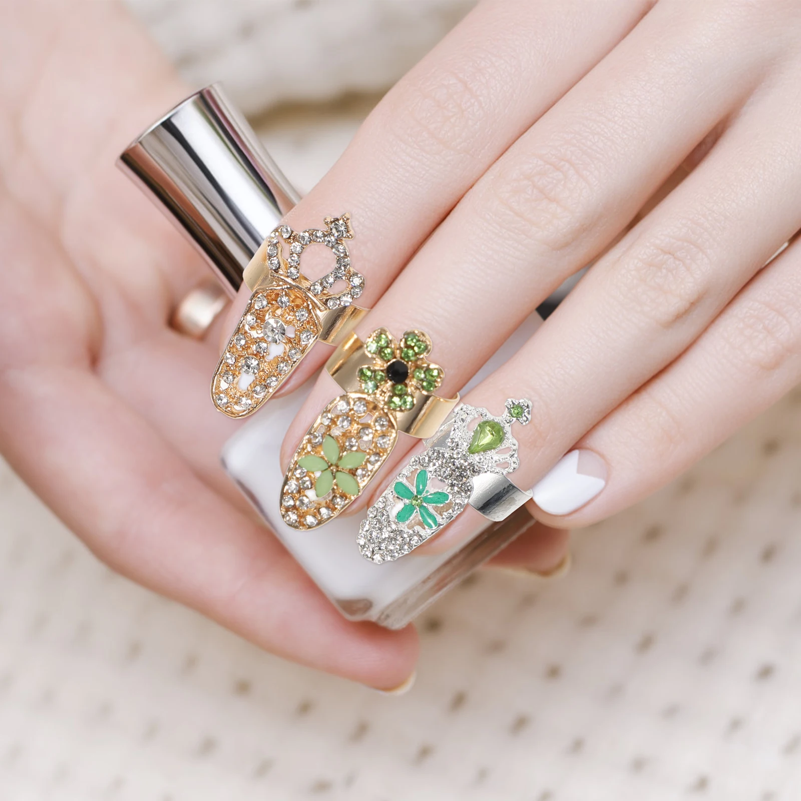 

10pcs Rhinestone Fingernail Rings Nail Ring Decoration for Women Metal Alloy Finger Jewelry Cool Fashionable Knuckle