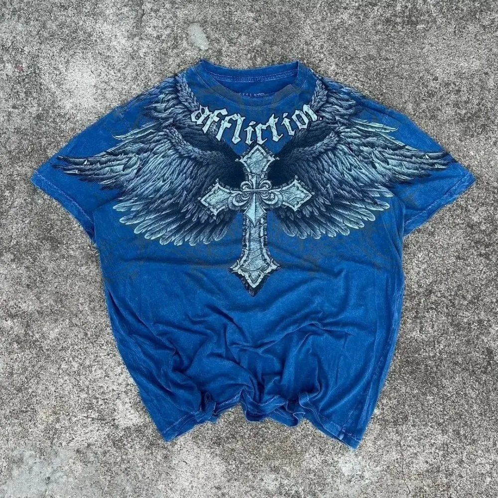 Affliction Style Gothic Skull Cross T-Shirt, Men Women Black Washed Cotton Short Sleeve Casual Streetwear Tee