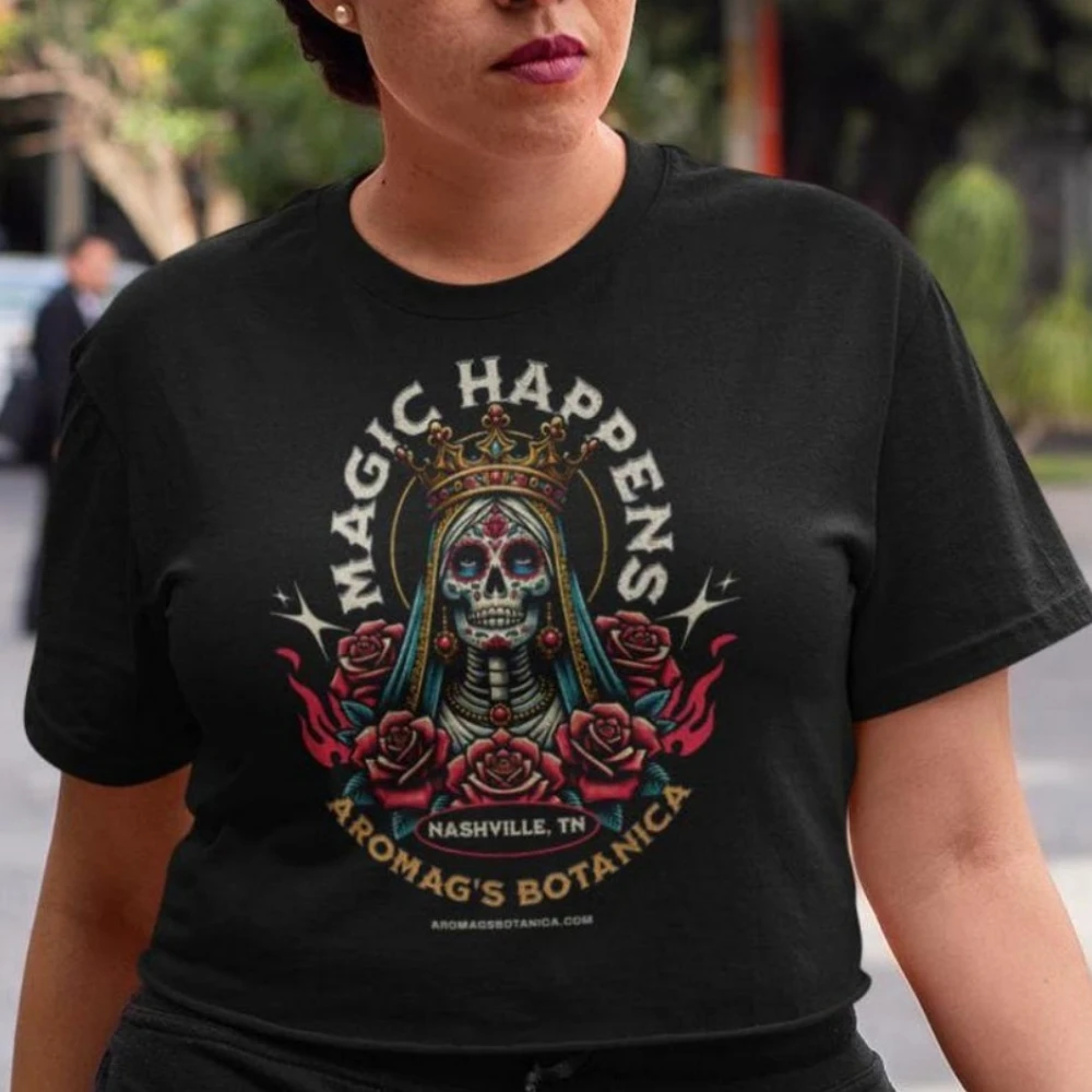 

Day of The Dead Magic Happens Unisex T-Shirt Santa Muerte Occult Graphic Tees Man Clothes Ropa Dehombre O-neck Short-sleeve