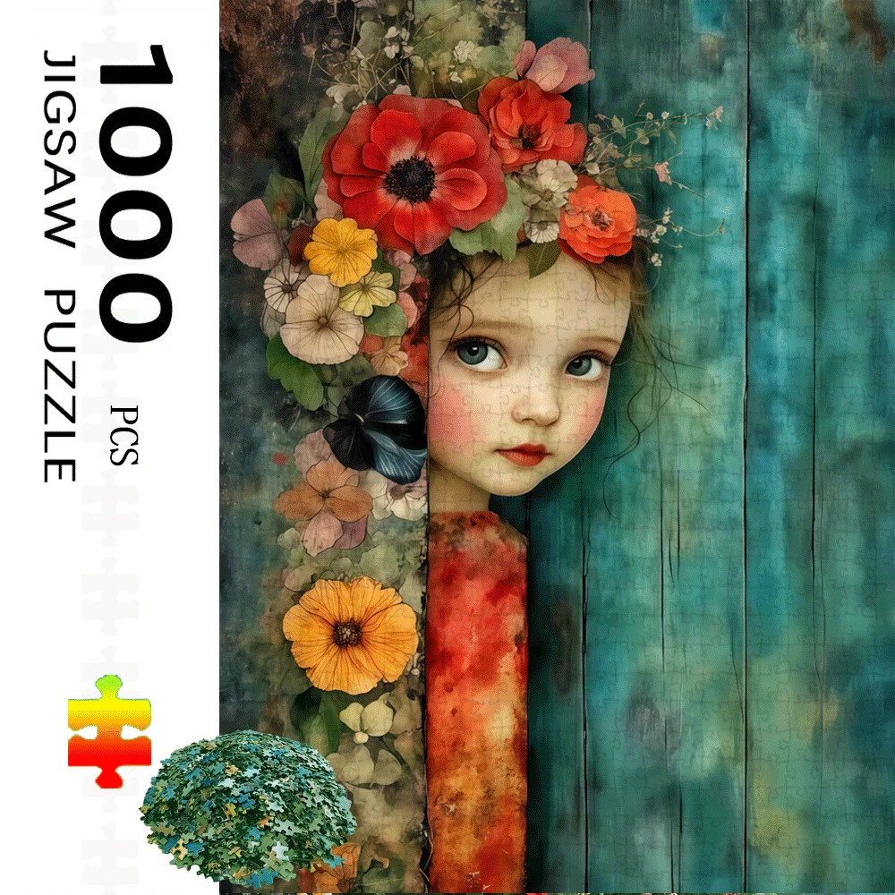 จิ๊กซอว์ภาพเด็กหญิงดอกไม้แอบมองผ่านช่องไม้ 1000 ชิ้น - สีสันสดใส ปริศนาท้าทายสมองสำหรับผู้ใหญ่และครอบครัว งาน DIY