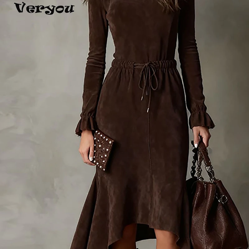 새로운 가을 겨울 여성 긴팔 A라인 미디 드레스 여성 우아한 드로스트링 스탠드 칼라 심플 파티 드레스 여성 오피스 드레스