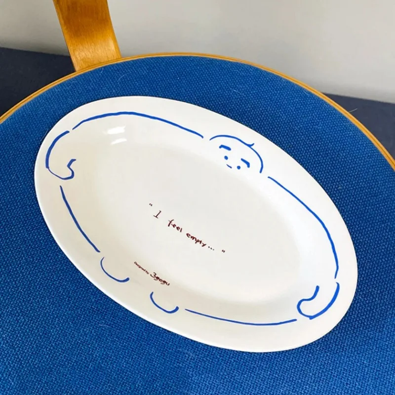 

Cute Creative Ceramic Oval Plate Hug Pattern Stripe Breakfast Dishes 10Inches Home Fruit Decor White Plate Kitchen Serving Plate