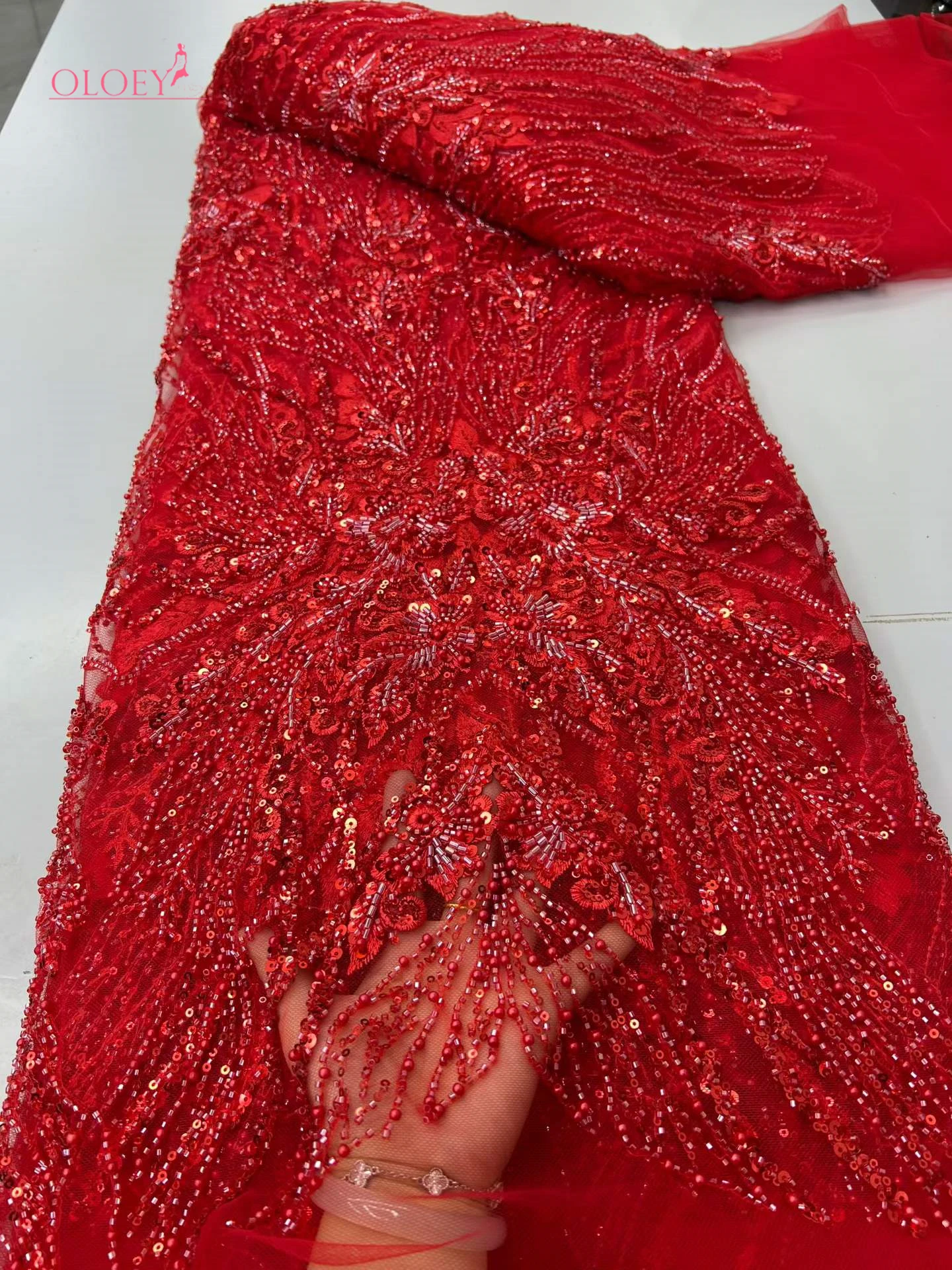 

OLOEY 2026 Luxury Exquisite High-end New French Handmade Beaded Sequin Embroidered Mesh Lace Fabric Full Beaded Women's Wedding