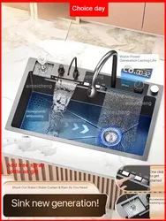 Uno acepta fregadero de cocina de cascada de acero inoxidable personalizado, pantalla Digital en relieve, lavabo grande multifuncional de una sola ranura