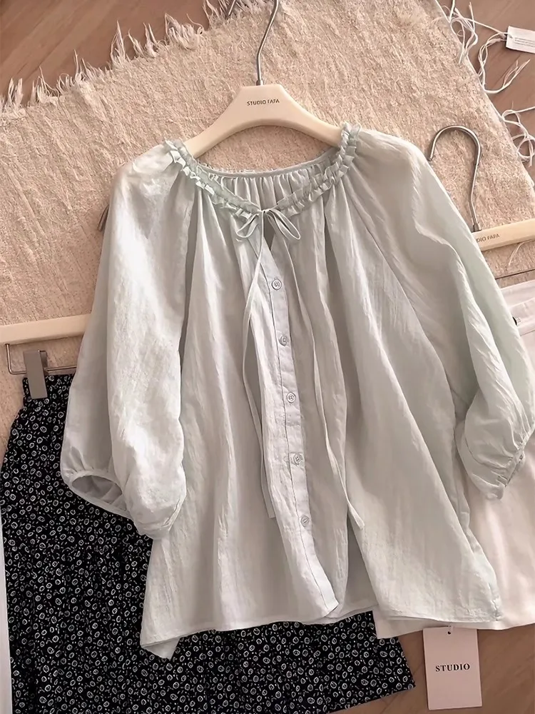 Korean Sle Fre Light een Bow Tie irt Women's Summer Unique Seven Sve Gentle round Ne Top Soft Fabric Pure Color