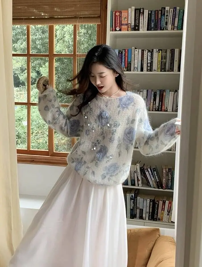 

Свободный пуловер из мохера с принтом и окрашенными блестками, осенне-зимний модный красивый свитер, мягкие вязаные цветные топы F296