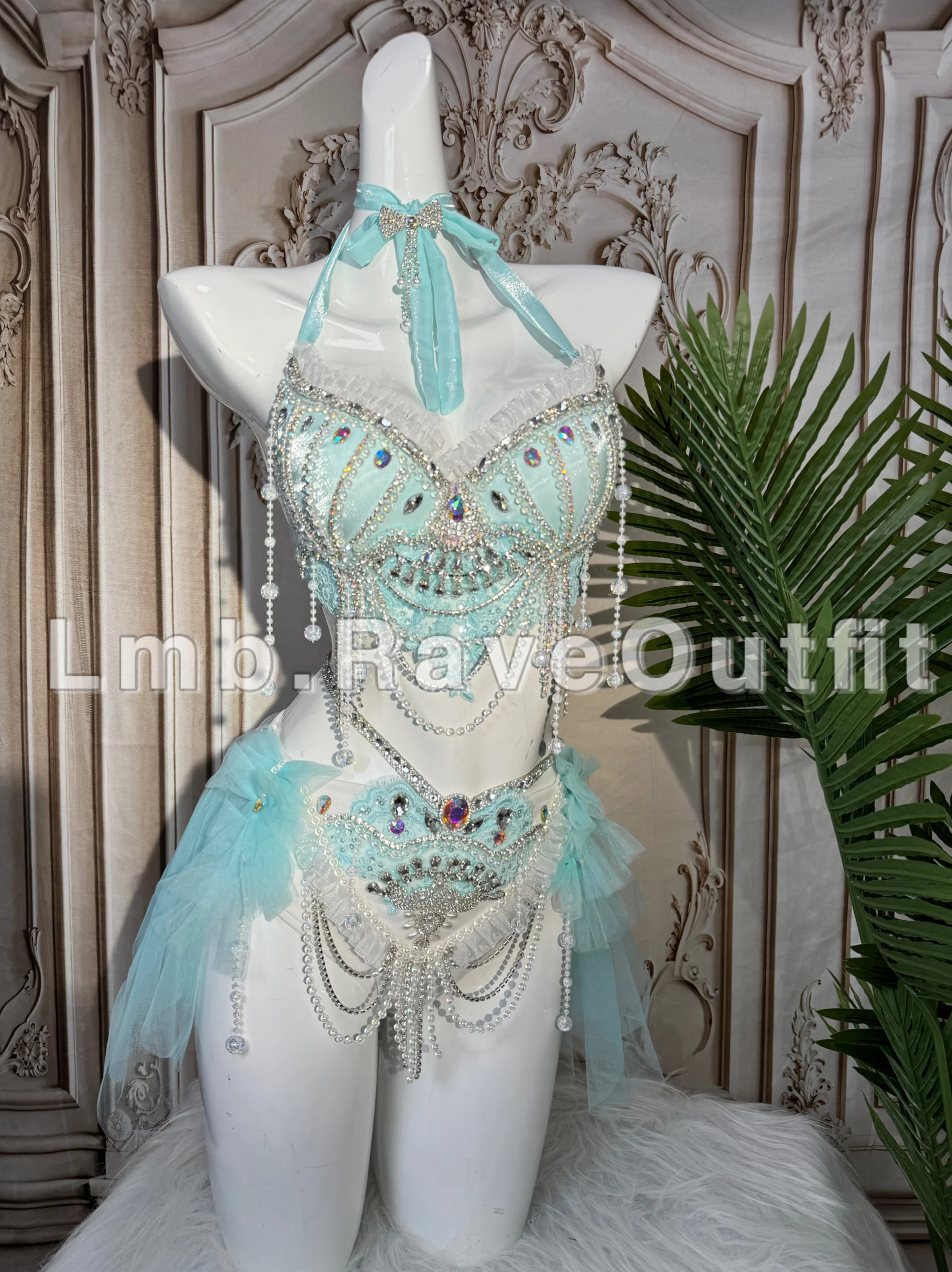 

Water Blue Luxurious Diamond Studded Mesh Hanging Neck Sexy Bikini Taking Photos Model Walking Clothes Bar Nightclub Stage Dress