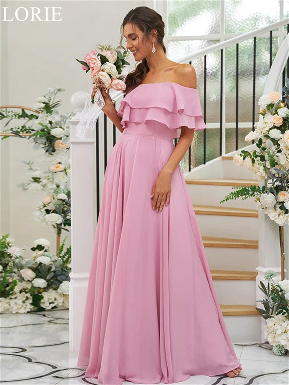 Lorie elegante rosa chiffon vestidos de dama de honra fora do ombro babados plissado 2024 simples festa de casamento vestido de baile personalizado