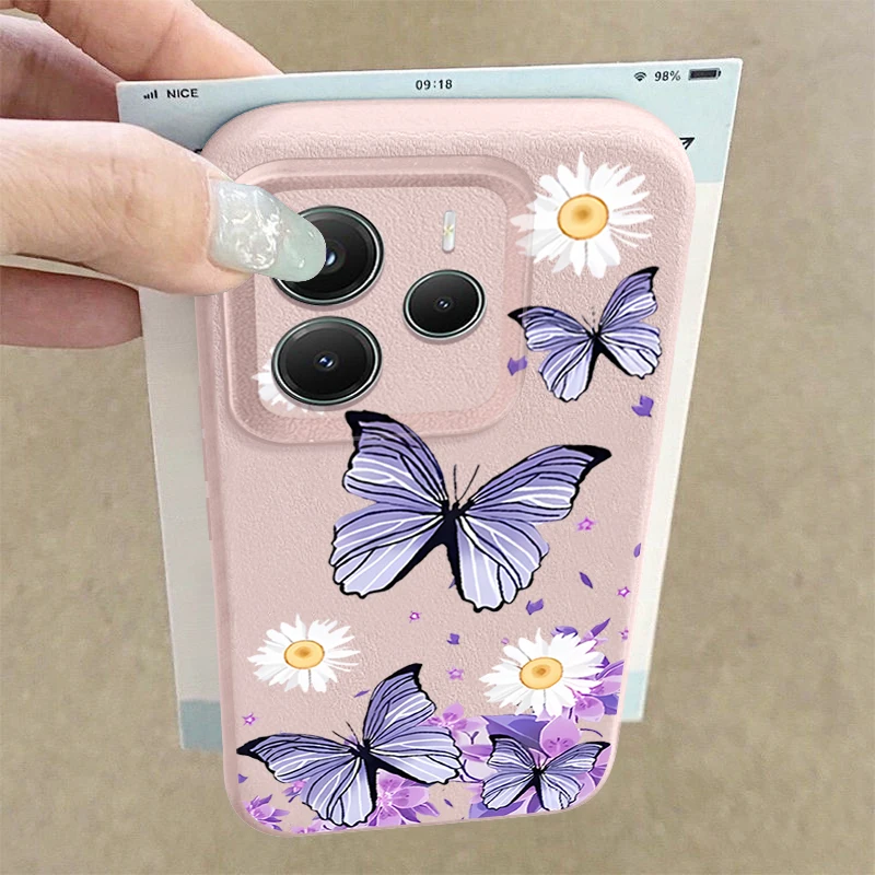 Lila Schmetterling Handyhülle für Xiaomi Redmi Note 14 13 Pro Plus 5G Note 14 13 12 11 Pro 13C 4G Leder Textur TPU Soft Cover